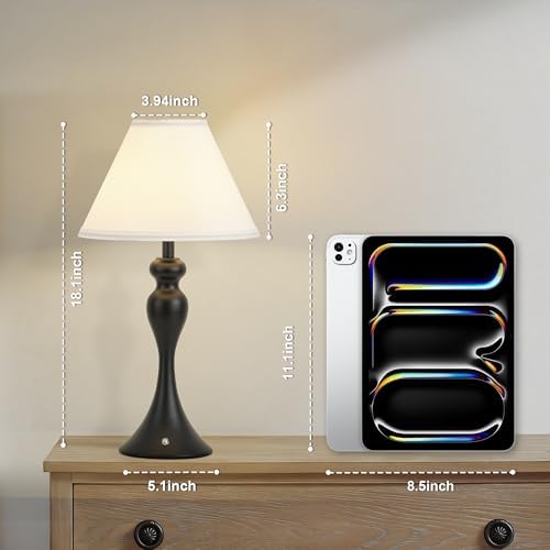 Cordless Table Lamp Rechargeable, Battery Night Light Fabric Shade, Black