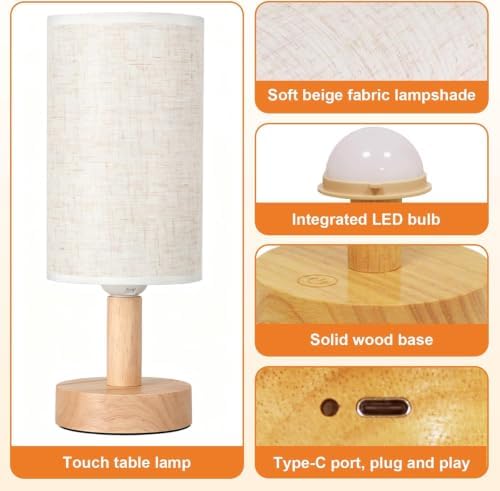 Small Cordless Touch Bedside Table Lamps Set of 2,Minimalist Dimmable Battery-Powered Desk Lamps with Round Fabric Linen Shade,Mini Nightstand Warm Night Lights for Bedroom,Home,Living Room,Office