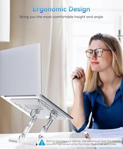 Lpoake Acrylic Laptop Stand for Desk, Adjustable Ergonomic Laptop Riser, Portable Foldable Computer Stand, Compatible with 10 to 15.6 Inches Notebook and MacBook, Clear