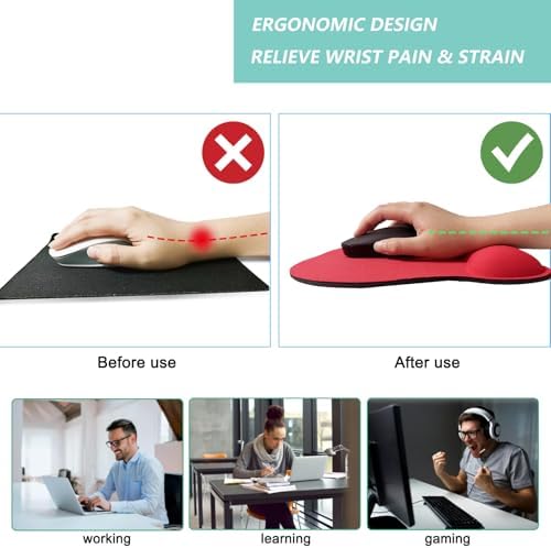 Mouse Pad with Wrist Support, Ergonomic Mousepad with Comfortable Memory Foam Wrist Rest Cushion, Relieve Wrist Pain, Non-Slip Rubber Base Gaming Mice Pad for Home Office Computer Laptop, Red