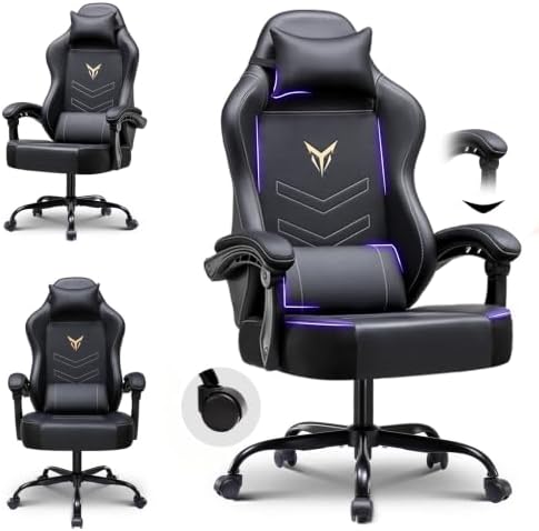 GTPLAYER Gaming Chair, Ergonomic Office Chair 300lbs Capacity, Computer Desk Chair with Headrest and Lumbar Support, Linkage Armrests, 90-155° Recline, PU Leather Black