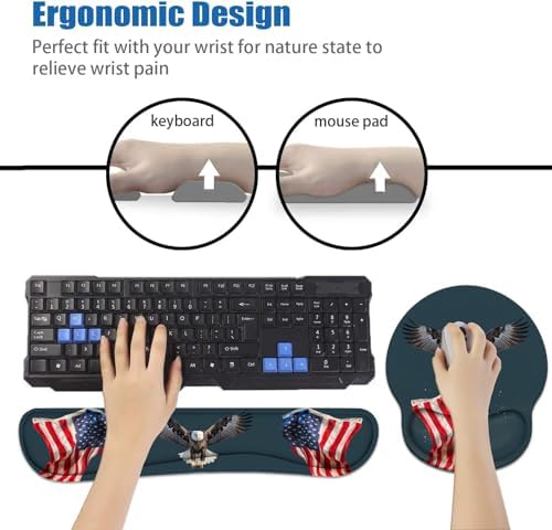 Keyboard Wrist Rest and Mouse Pad Wrist Rest Support Set with Coasters, Non-Slip PU Base for Gaming and Office, Comfortable & Lightweight for Easy Typing & Pain Relief, American Flag Patriotic Eagle