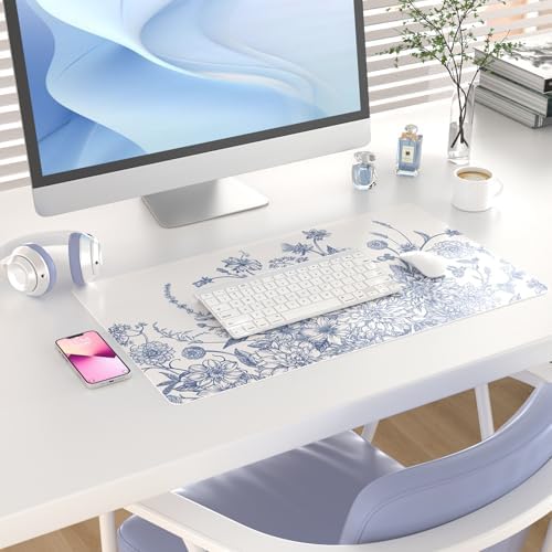 Faux Leather Large Mouse Pad, Office Desk Mat, 23.6"x13.8", Blue Flowers