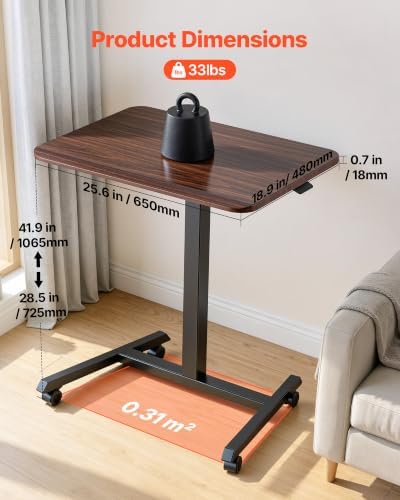 VEVOR Standing Desk, Adjustable Height Mobile Stand Up Desk with 4 Casters, 25.6 x 19 in Small Computer Sit Stand Rolling Workstation with Hook, 33 lbs Desktop Capacity, Ideal for Home Office, Brown