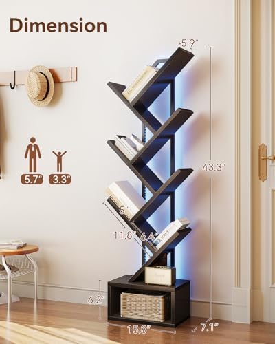 Casaottima Tree Bookshelf with LED Lights, 6-Tier Small Bookshelf, Black