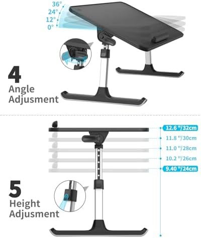 SAIJI PU Leather Laptop Bed Tray Table, Adjustable Laptop Stand with Removable Stopper, Portable Lap Desks with Foldable Legs, Notebook Stand Breakfast Reading Desk for Sofa Couch(Large, Black)