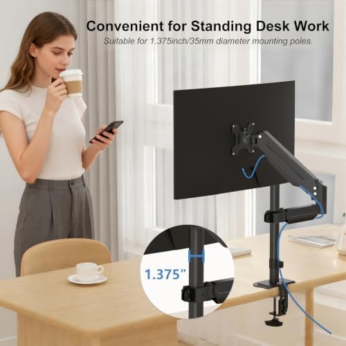 suptek Single Monitor Arm for Desk Mount Stand,Adjustable Monitor Arm for 17 to 32 inch Screen, Support Weight up to 22lbs, Mounting Holes 75x75mm to 100x100mm, ,Pneumatic Pole Mount Arm Black