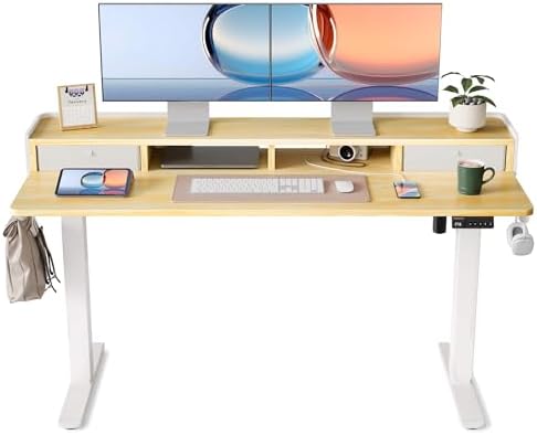 YIHAYO Electric Standing Desk with Drawers, 60 x 24 Inches Adjustable Desk with Storage Shelf, Computer Table with Splice Board for Home Office, White Frame/Natural Top