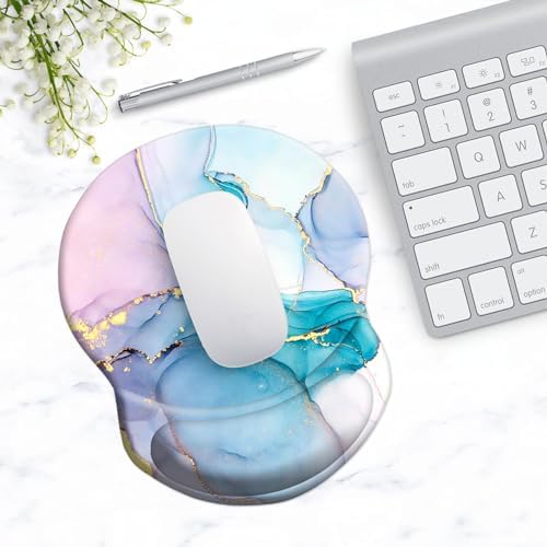 Mouse Pad with Ergonomic Gel-Filled Wrist Rest and Non-Slip PU Base, Comfortable & Accurate Computer Mouse Pad with Support for Home Office Working Studying (Pink Blue Mable)
