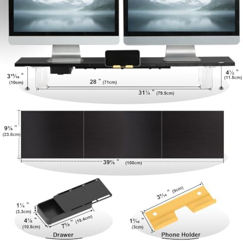 TEAMIX 39.4 inch Dual Monitor Stand with Acrylic Leg, Drawer & Phone Holder