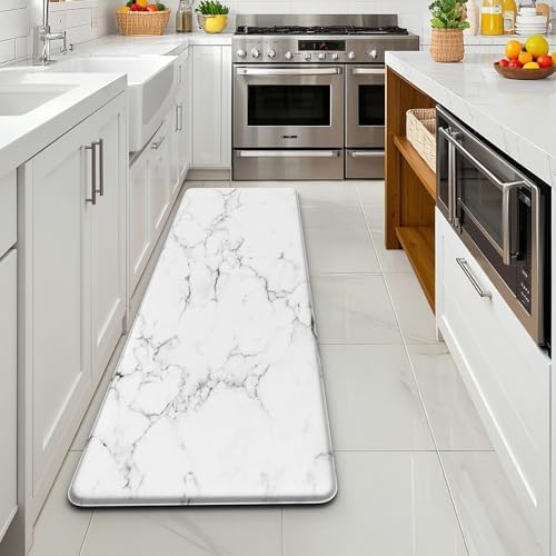 Marble White Kitchen Mats for Floor, Long Cushioned Anti Fatigue