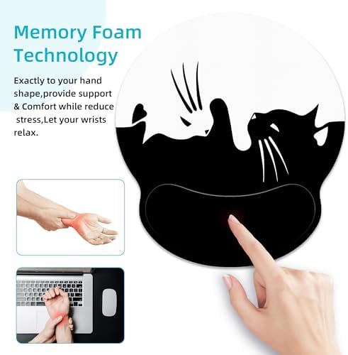 White Black Cat Ergonomic Mouse Pad with Wrist Rest for Desk Work Office