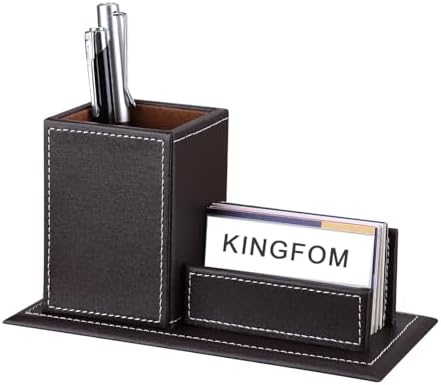 KINGFOM PU Leather Desk Organizer and Accessories, Pencil Holder for Desk with Business Cards Stand, School Office Supplies Collection Caddy Brown