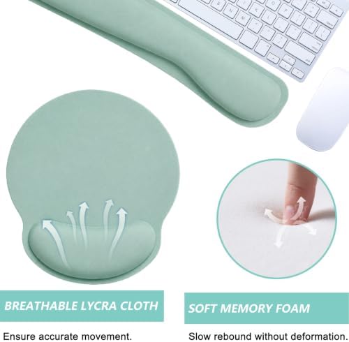 Keyboard Wrist Rest Pad Mouse Pad with Wrist Support Set of 3, Mousepad with Non-Slip Rubber Base, Ergonomic Memory Foam Mouse Wrist Cushion Support for Home Office Laptop Computer, Green