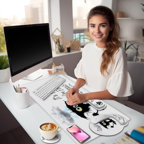 LIMKRIAN Large Gaming Mouse Pad Desk Mat Set, Funny Black Cat Desk Decor