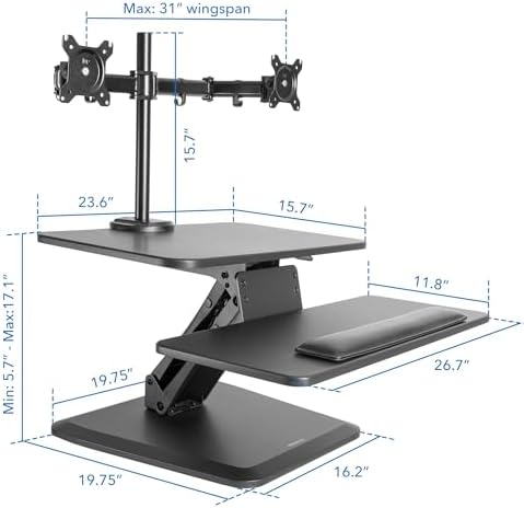 Mount-It! Standing Desk Converter, Stand Up Desk Riser with Dual Monitor Mount, Adjustable Workstation in Black, Top Platform 23" Wide, Keyboard Mouse Tray 27" Wide, Raises 5" to 17" Tall