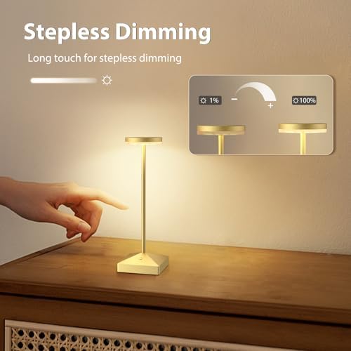 3 Pack Small Gold Rechargeable Cordless Table Lamps Dimmable