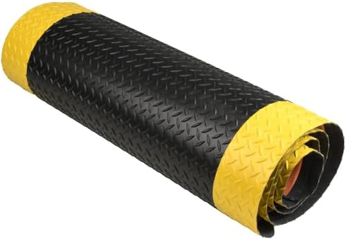 Anti-Fatigue Mat: 8' Long, 3' Wide, 1 Thick, Vinyl, Beveled Edges, Heavy-Duty - Diamond Plate Surface, Black & Yellow, for Dry Areas