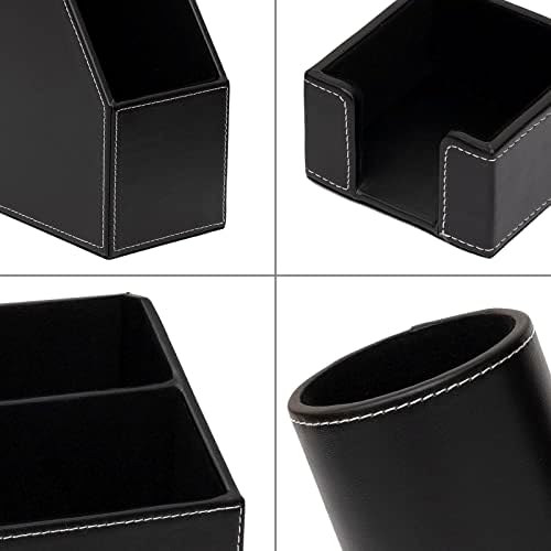 6 Piece Office Supplies/Desk Organizer Set with Desktop Leather Writing Pad,File Paper Tray,Magazine folder Holder, Pen Cup,Sticky Note Holder,Letter Mail Sorter,Workspace Decor for Women Men Black
