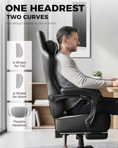 GTPLAYER Big and Tall Gaming Chair with Footrest, Ergonomic Office Desk Chair with 4.4in Thick Cushion and Wide Wingless Seat, Comfortable Leather Computer Chair, Predator Series, Gray Gradient
