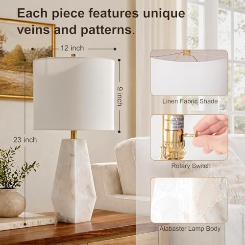 Scenekoy Alabaster Table Lamps Set of 2, Modern Desk lamp with Night Light