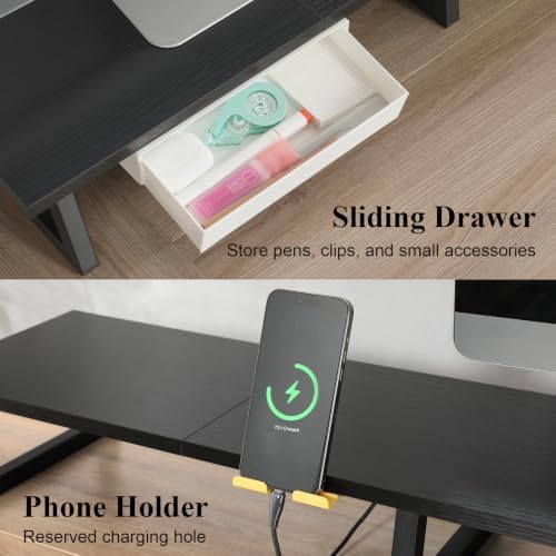 TEAMIX 42 inch Dual Monitor Stand with Storage Drawer & Phone Holder, Black