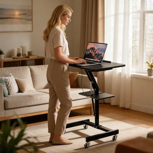 Mobile Standing Desk with Wheels, Height Adjustable Laptop Table, 27.56 Inch Portable Ergonomic Workstation with Locking Casters & Tilting Top, Black