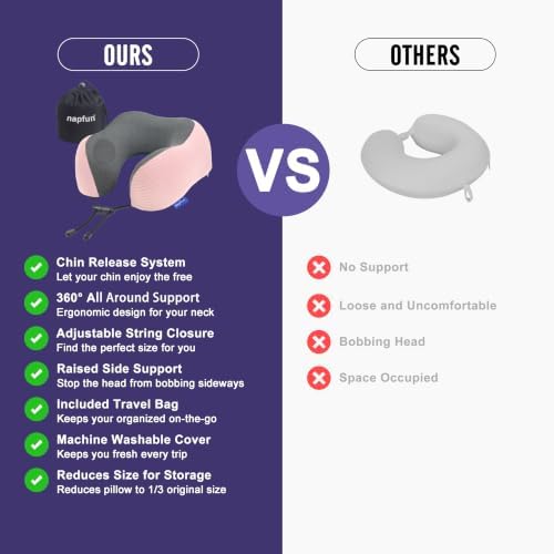 napfun Neck Pillow for Travel, Memory Foam Airplane Pillow, Pink