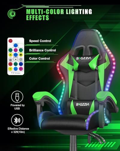 Bigzzia Gaming Chair with RGB LED Lights for Kids & Adults (Black/Green)