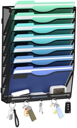 Gawerk Hanging Wall File Organizer with 5 Hooks - Wall Mounted Mail Paper Document Folder Holder, Sturdy Mesh Magazine Rack for Office Home (7+1 Tier)