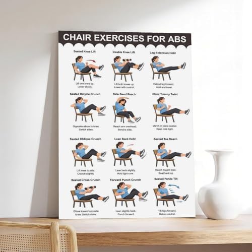 Chair Exercises for Abs Seated Core Workout Chart Adult Fitness Canvas Poster Wall Art for Living Room Bedroom Decor Frame 16x24inch