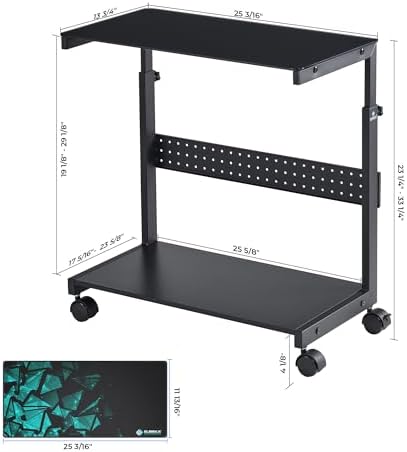 EUREKA ERGONOMIC PC Stand Computer Cart Frosted Glass, Height Adjustable Tower Stand 2-Tier Suit for ATX Case Printer, Metal Rolling Cart on Wheels for Gaming Home Office, Black