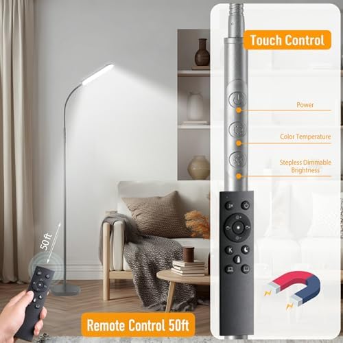 marctronic Grey LED Floor Lamp, 18W 1800LM Bright Floor Lamps with Remote & Works with Smart Plug, Dimmable Timing Eye Caring Reading Light Modern Standing Floor Lamp for Living Room Bedroom Office