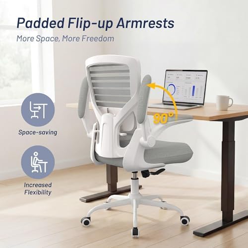Office Chair for Long Hours & Lower Back Pain Relief 4" Molded Foam Cushion, Padded Lumbar Support, Flip-Up Armrests, Breathable Mesh Backrest, Ergonomic Design, Light Gray
