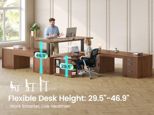 SEDETA Fluted L Shaped Standing Desk with Storage for Home Office, Brown