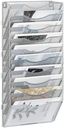 EasyPAG Wall File Organizer for Office 10 Pocket Mesh Wall Mounted Paper Organizer Hanging Folder Holder with Nametag Label for Home School, Silver