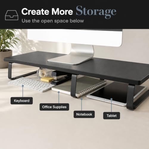 Mount-It! 39" Extra Long Dual Monitor Stand Riser – Ergonomic Desk Organizer for 2 Monitors, Laptop, TV, or Printer – Heavy-Duty Steel & Wood Desktop Shelf with Storage – Supports 44 Lbs – Black