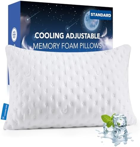 KUCEY Cooling Side Sleeper Pillow for Neck and Shoulder Pain, Luxury Shredded Memory Foam Cool Bed Pillows for Sleeping Set of 1- Adjustable Standard Size- Washable Cover Original White