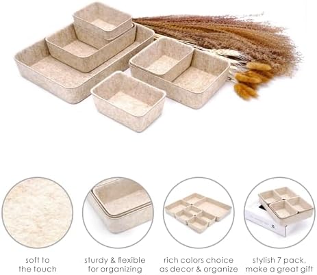 Welaxy Office Drawer organizers felt storage bins Shallow Small Desk trays Draw dividers Nordic Lifestyle Natural Scandinavian-chic style 7-piece (Oatmeal)