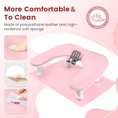 JODSONE U-Shaped Pink Manicure Arm Rest for Nails Tech with Rotating 360°Built-In Phone Holder and Adjustable Nail Arm Rest Detachable Manicure Hand Rest for Salon Design (Includes Pink Nail Mat)