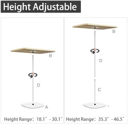 Small Laptop Standing Desk, 18“H - 46”H Adjustable Height Pedestal Side Table with Wooden Top, Portable Tall End Table, Stand-Up Desk for Bedside, Couch, Sofa, Living Room, Bedroom, Home Office, White