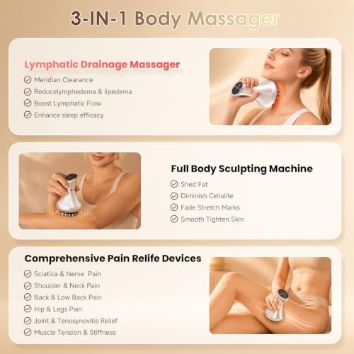Lymphatic Drainage Massager & Anti-Cellulite Massage Tool, Body Sculpting Device for Legs, Arms, Stomach & Hips Promotes Smoother, Firmer-Looking Skin, with Gentle Warming & Soothing Vibration ,Silver