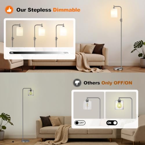 【Upgraded】 Dimmable Floor Lamp for Living Room with Opal Glass Lampshade, Brushed Nickel Modern Floor Lamp with 900LM LED Bulb Included, Standing Tall Lamp for Bedroom, Office, Reading Room, Corner