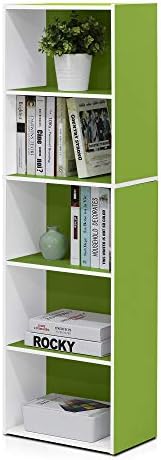 Furinno LUDER Book Shelf, 5-Tier Bookshelf, Bookcase with Open Shelves, 9.4 x 15.8 x 52, Easy Assembly, for Living Room, Bedroom, Home Office, White/Green