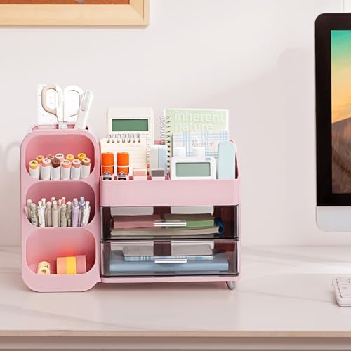 HBlife Desk Organizer with Pen Pencil Holder for Desk, Pen Organizer with 2 Drawers, Desk Organizers and Accessories with 4 Compartments, Desktop Storage for Office Home School Art Supplies, Pink