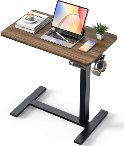 28"x 16" Electric Overbed Table, Rolling Laptop Desk for Bed, Walnut