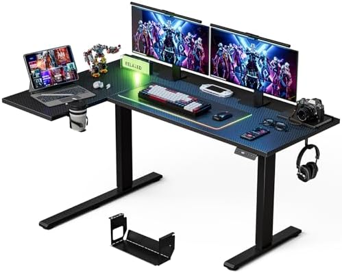 Muvai 59" L Shaped Standing Desk with Cable Tray, Reversible, Black Carbon