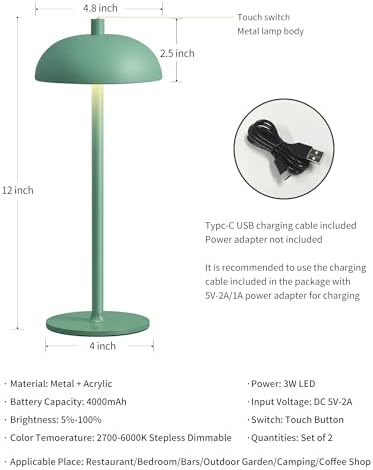 12" Cordless Table Lamps Set of 2, Green Modern Portable Desk Lamp