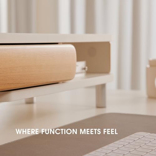 Fenge Dual Monitor Stand with Large Storage Drawer, 42.5" Desk Shelf, White