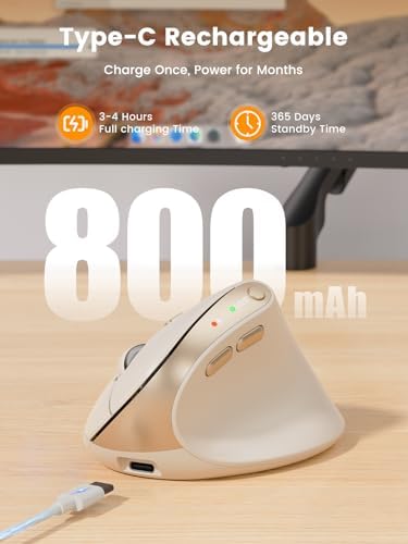 SABLUTE Ergonomic Keyboard and Vertical Mouse Bundle, White Wave Keyboard (2 AA Batteries Powered) with Cushioned Wrist Rest and Beige Rechargeable Vertical Mouse, Wireless Office Setup for Windows